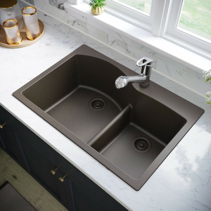 Low Divide Granite Composite 33%2522 X 22%2522 Double Basin Drop In Kitchen Sink With Basket Strainer 
